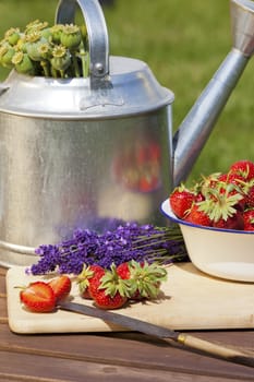 Juicy strawberries,fragrant lavender and poppy seed capsules after harvesting lie on a table