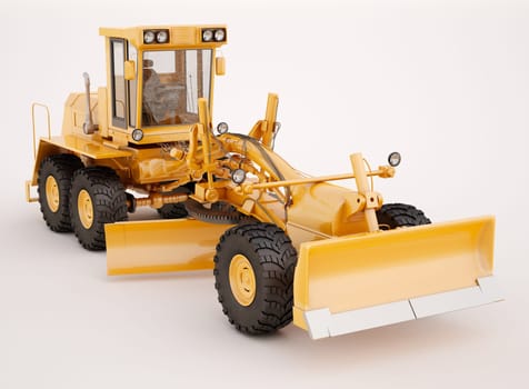 Modern three-axle road grader on a light background