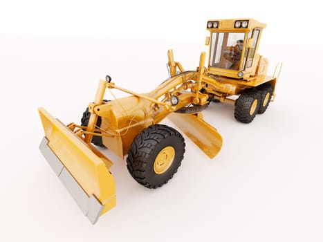 Modern three-axle road grader on a light background