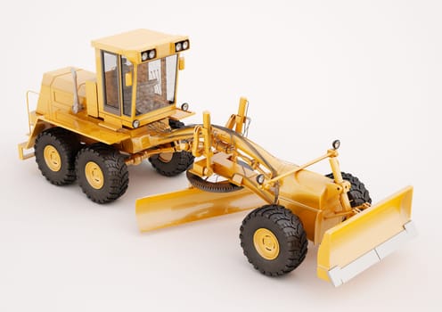 Modern three-axle road grader on a light background