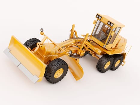 Modern three-axle road grader on a light background