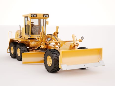 Modern three-axle road grader on a light background