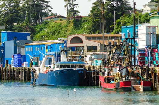 View of the waterfront with old fishing boats in Newport, Oregon