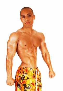 The front few of a muscles young man, standing for white background.making a fist..