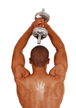 A picture from the back of a young bodybuilder lifting two silver.dumbbells over his head in his exercises..