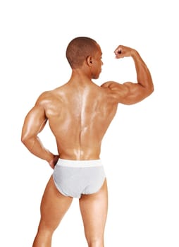 A bodybuilder, muscular whit a great physic in gray underwear standing.for white background showing his biceps..