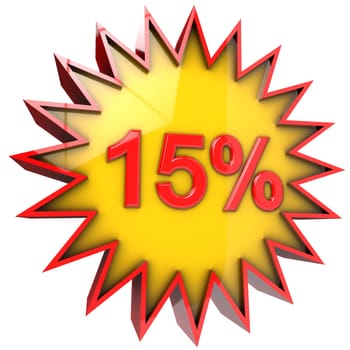 star with fifteen percent discount 3d isolated with clipping path and alpha channel.
