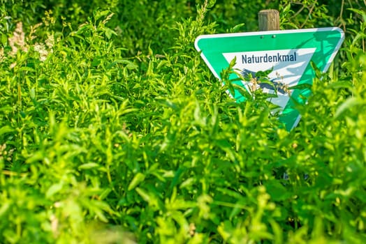 Natural monument sign hidden in the countryside