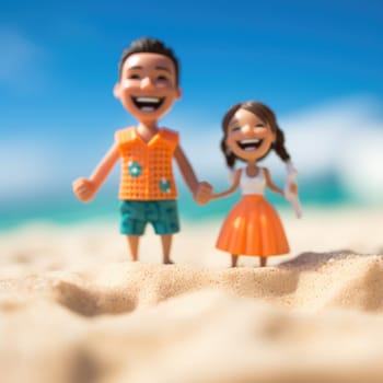 A toy couple on the beach holding hands