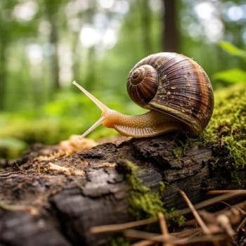 A snail is crawling on a log in the forest