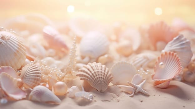 Sea shells and pearls on the beach at sunset