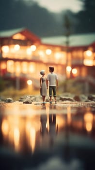 A couple is standing on a rock near a lake