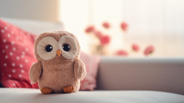 A stuffed owl sitting on a couch