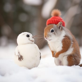 A squirrel and a snowman in the snow