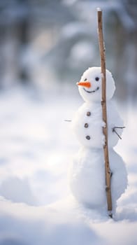 A snowman is standing in the snow with a stick