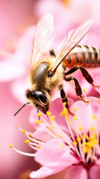 A bee is on a pink flower with a lot of pollen