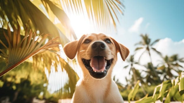 A dog is standing in front of palm trees