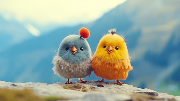 Two small birds standing on top of a rock