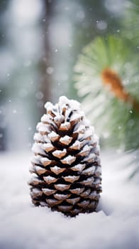 A pine cone is sitting in the snow