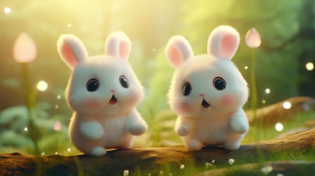 Two cute white rabbits sitting on a log in the woods