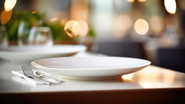 Empty white plate on table with fork and knife