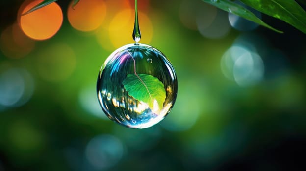 A drop of water with a leaf hanging from it