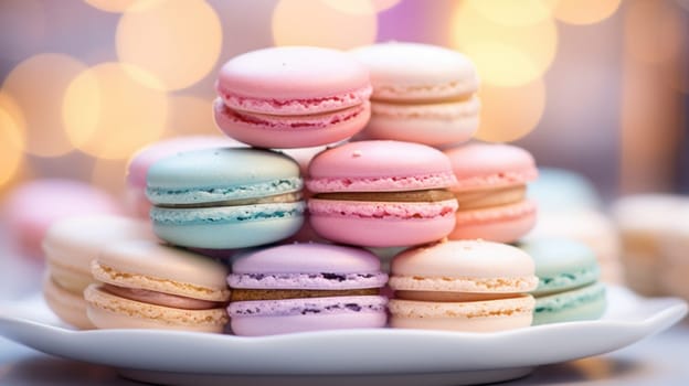 A stack of colorful macarons on a plate
