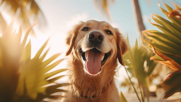 A golden retriever is standing in front of palm trees