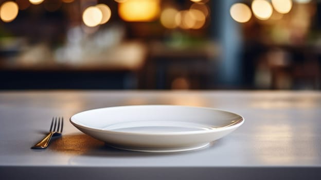 Empty plate and fork on table in restaurant