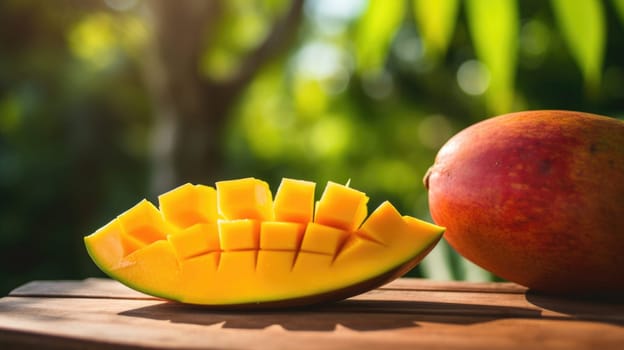 A mango is cut in half and sitting on a wooden table