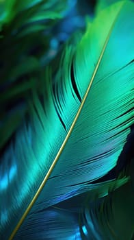 A close up of a green feather with a blue background
