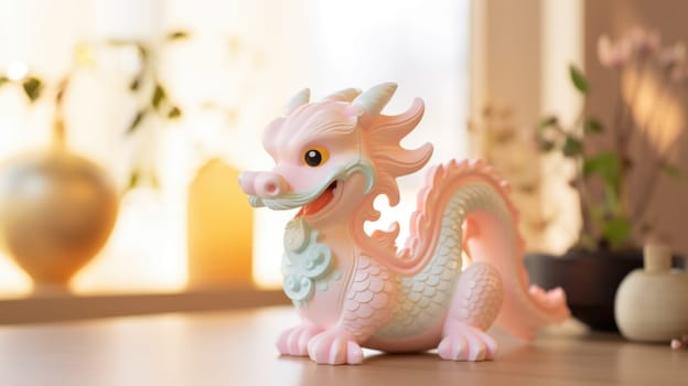 A pink dragon figurine on a table