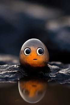A small orange ball with eyes sitting on a rock. Pareidolia.