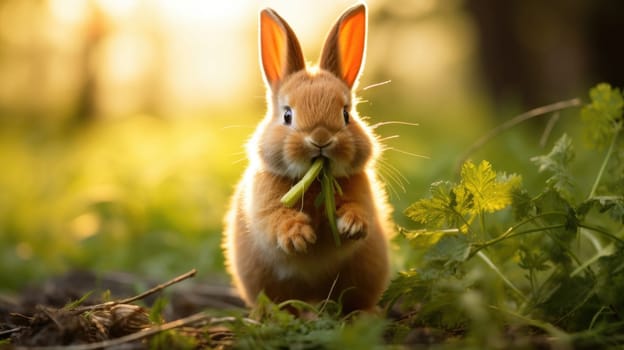 A small rabbit is eating a green plant