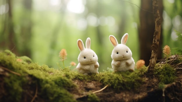 Two cute white rabbits sitting on moss in the forest