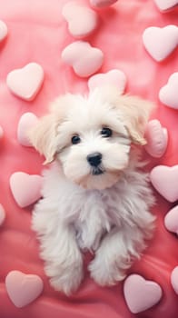 A small white dog is surrounded by hearts