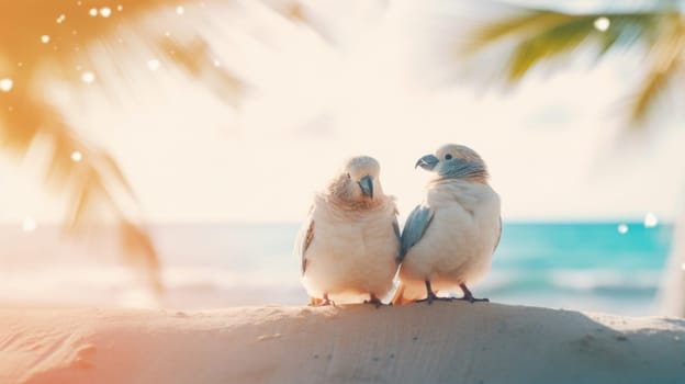 Two white parrots sitting on the sand near the ocean