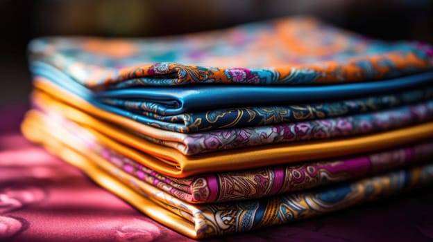 A stack of colorful folded handkerchiefs