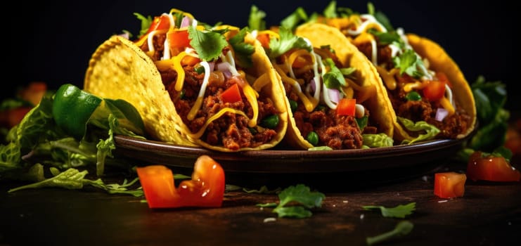Tacos with meat and vegetables on a black background