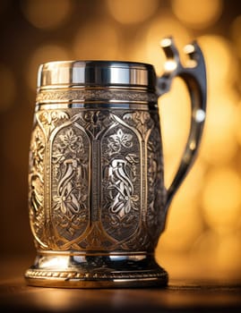 A silver beer mug on a wooden table