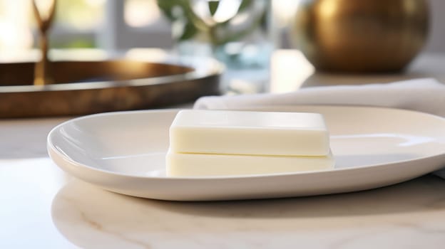 A white plate with a square of soap on it