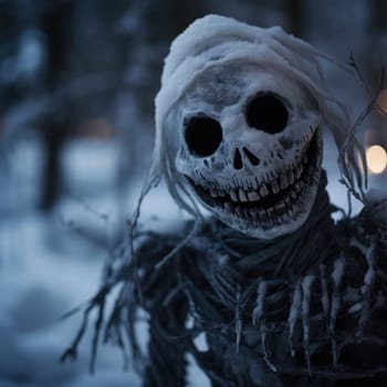 A skeleton with a face covered in snow