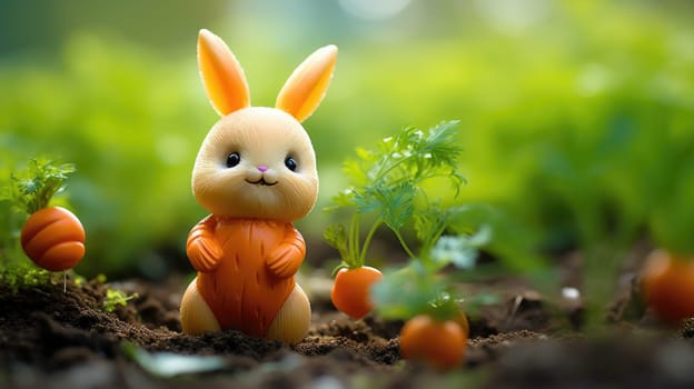 A toy bunny is standing in the grass with carrots