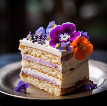 A piece of cake with purple flowers on top