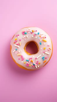 A donut with sprinkles on a pink background