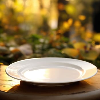 Empty white plate on wooden table with blurred background
