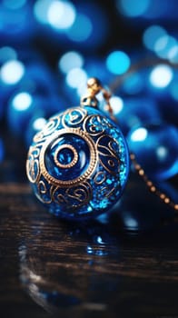 A blue glass pendant with an evil eye on it