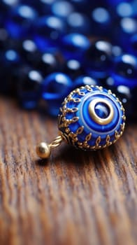 A blue and gold bead with a blue evil eye