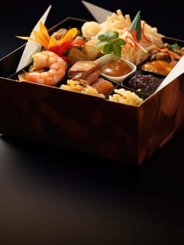 A box filled with food on a black background