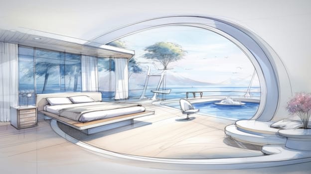 A drawing of a bedroom with a view of the ocean